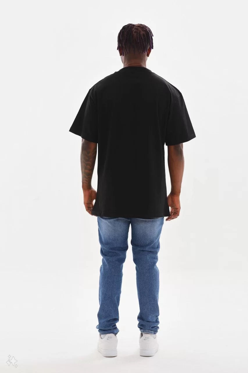 Unisex Kuşgözü Detaylı Baskılı Oversize T-Shirt - Siyah